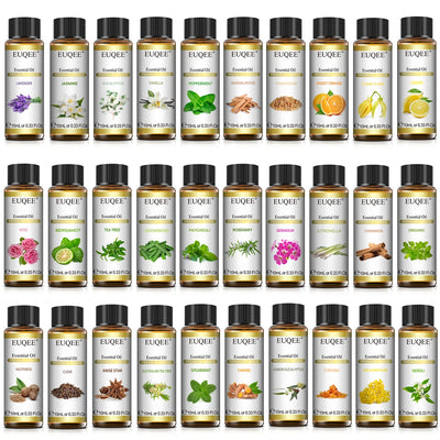 Collection of Euquee essential oil bottles with various labels on a white background