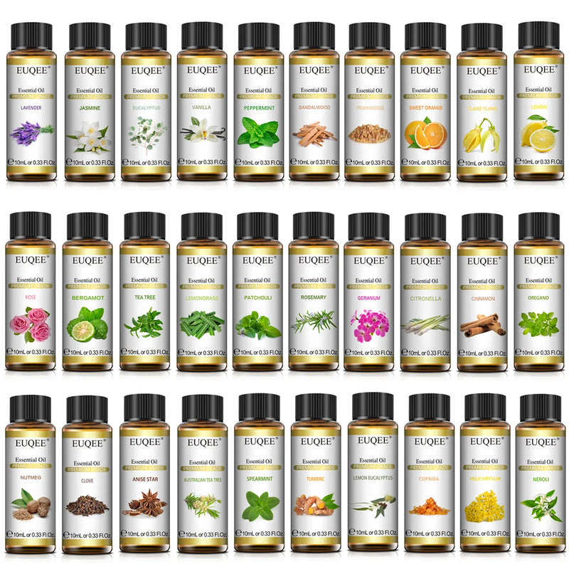 Collection of Euquee essential oil bottles with various labels on a white background