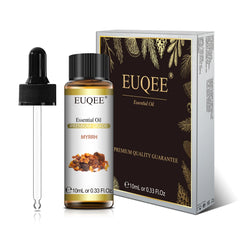 EUQEE Myrrh essential oil bottle with dropper and packaging on a white background