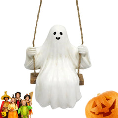 Hanging ghost decoration with a pumpkin and children on a white background