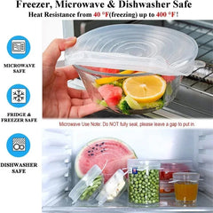 Glass container with lid being held above a refrigerator with food items inside, emphasizing safety for microwave, fridge, and dishwasher use.