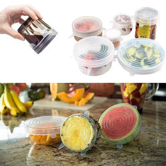  silicone food covers on fruits and containers with a kitchen background