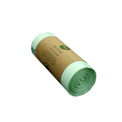 A roll of green biodegradable pet waste bags with brown labels on a white background