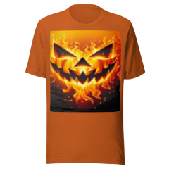 Orange t-shirt with a fiery pumpkin face design on a white background