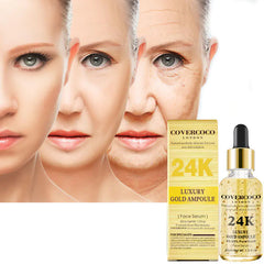Covercoco 24K Luxury Gold Ampoule packaging and serum bottle with a aging process illustration.