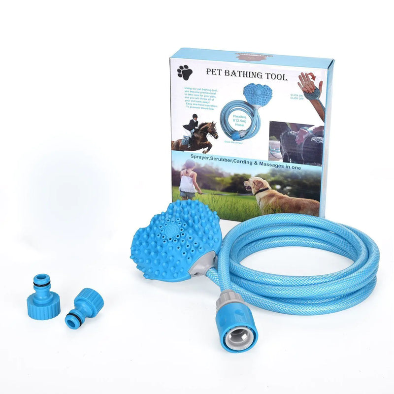 Pet bathing tool set with hose, nozzle, and packaging on a white background