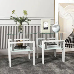 Set Of 2, Modern Tempered Glass Tea Table Coffee Table End Table, Square Table For Living Room, Transparent White