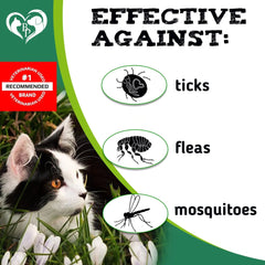 Product packaging for a pet product with a cat in the grass, labeled as effective against ticks, fleas, and mosquitoes.