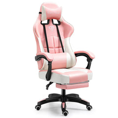 Pink and white office chair with black accents on a white background