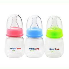 Three baby bottles with colourful caps and 'mumlove' branding on a white background