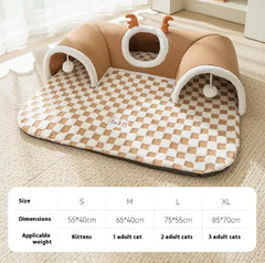 can tunnel playhouse with checkered mat on a carpeted floor