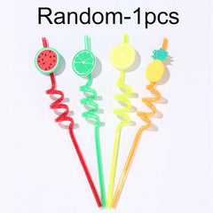 Four colorful curly straws with fruit-themed ends on a white background