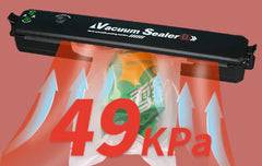 Vacuum sealer with a bag being sealed, showing a pressure reading of 49 KPa on a red background.