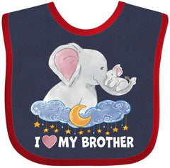 Baby bib with elephant design and text 'I love my brother' on a blue background 5% of profits supports retired elephants