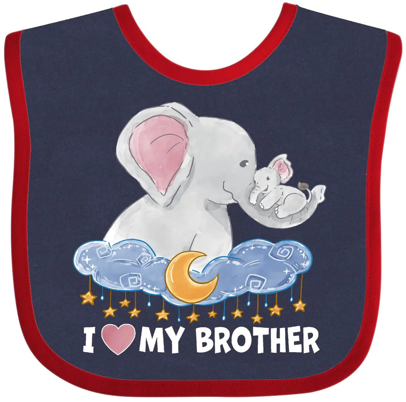 Baby bib with elephant design and text 'I love my brother' on a blue background 5% of profits supports retired elephants