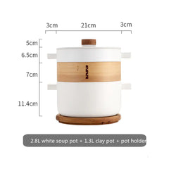 White Morandi soup pot with wooden accents and dimensions on a white background