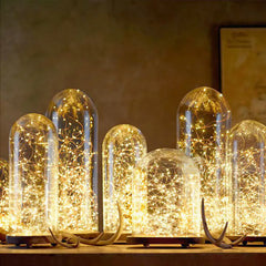 Decorative lights in glass domes on a wooden surface with a warm background.