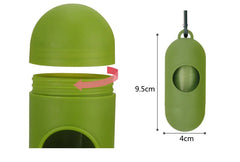 Green silicone pet waste dispenser shown open on left and closed on right with measurement details on a white background
