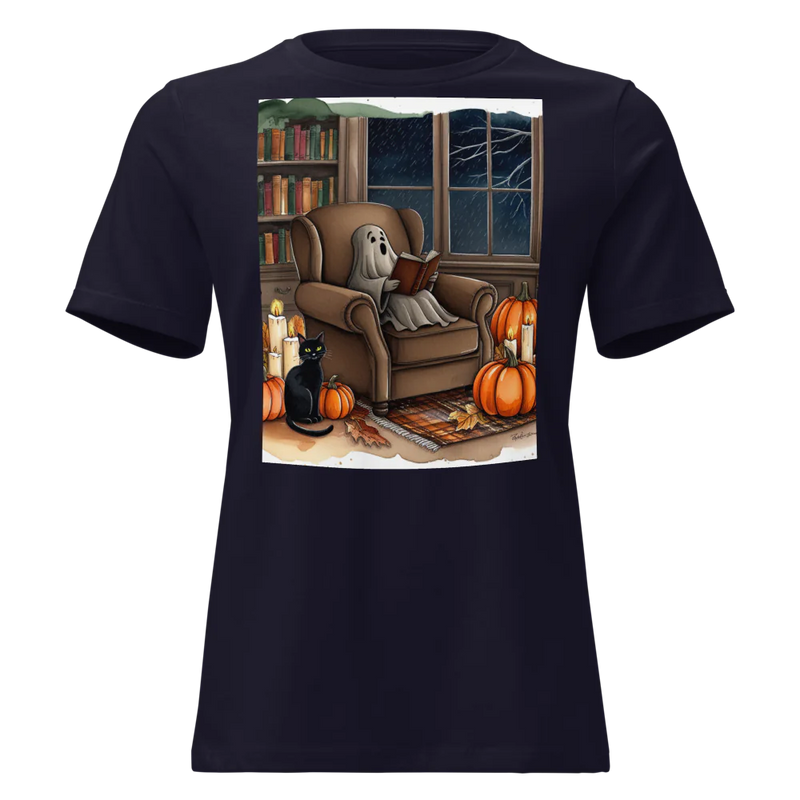 Navy t-shirt with a Halloween-themed graphic of a ghost in an armchair with a cat and pumpkins.