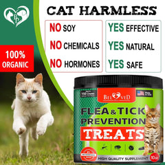 Cat Harmless flea and tick prevention treats with a cat running in the grass