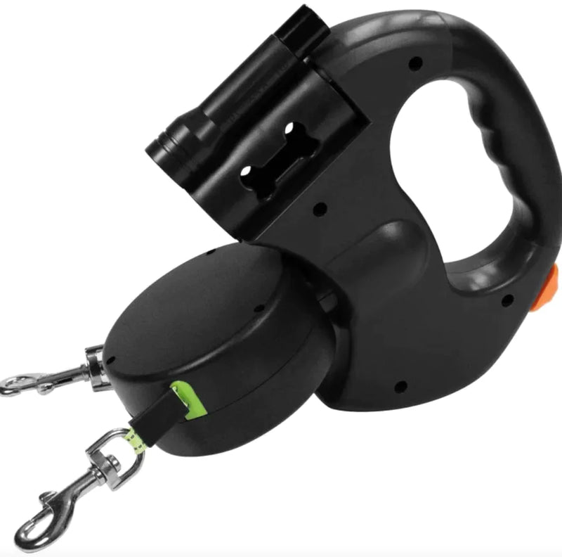 Black retractable dog leash with handle and double leash for 2 small dogs on a white background