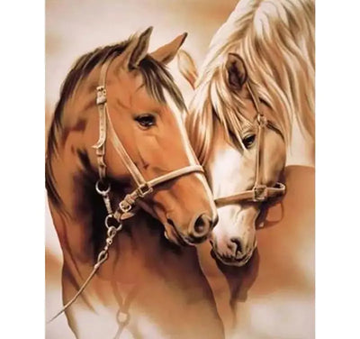 Two horses with halters against a warm-toned background