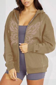 long sleeved brown hoodie with a  pinkish grey butterfly design on the front, zips up right through the butterfly design and has pockets,
