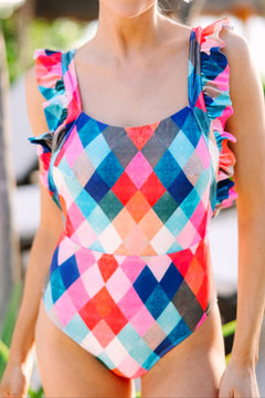 Colorful diamond-patterned swimsuit with ruffled straps