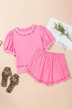 Contrast Bow Trim Pearl Puff Sleeve Blouse and Skort 2pcs Set