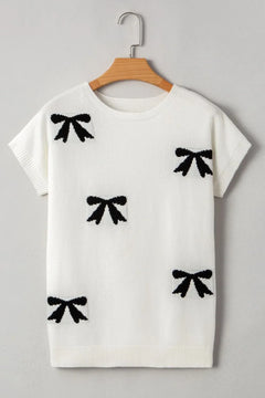 Bow Pattern Knit Short Sleeve Sweater