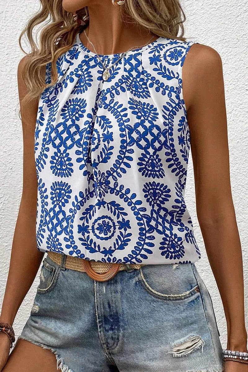 Stylish Tank top with blue floral pattern and round neck, darts in front