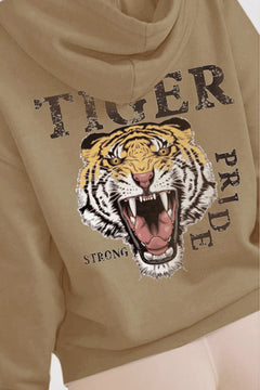Beige hoodie with a tiger graphic and 'Tiger Pride Strong' text on the back.