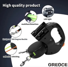 Black retractable dog leash with handle and double leash for 2 small dogs on a white background, shows features like rustproof 360 degree buckler, LED light, multifunctional box and reflective stitching