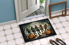 Halloween-themed doormat with skeletons and pumpkins on a tiled floor.