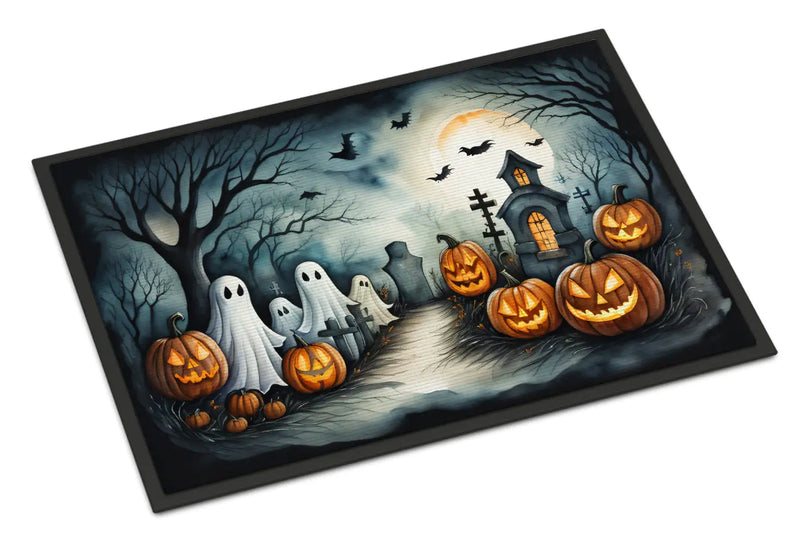 Halloween-themed doormat with pumpkins, ghosts, and a haunted house design.