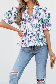 Floral Ricrac Trim Half Sleeve Peplum Top