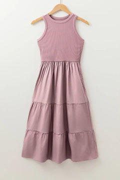 Ribbed Vest Patchwork Tiered Midi Dress with Pockets