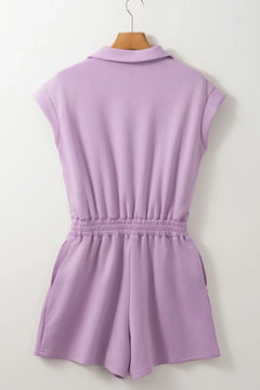 Short Sleeve Zipper Collared Elastic High Waist Romper