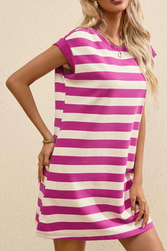 Stripe Cap Sleeve Pocketed Shift Tee Dress