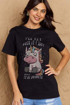 Black Tshirt with round neck and short sleeves, Sad unicorn with big eyes sitting down with slogan  I'LL GET OVER IT I JUST NEED TO BE DRAMATIC