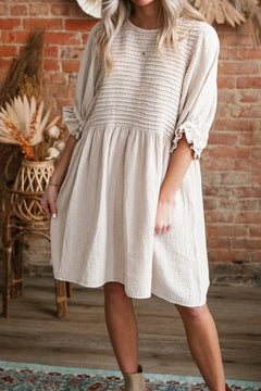 Textured Ruffled Puff Sleeve Loose Dress