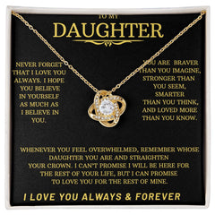 Gold Love Knot Necklace with black message card To my Daughter---I Love You Always & Forever