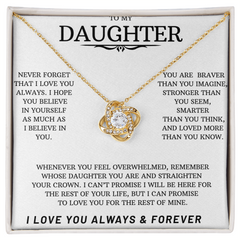 Love knot necklace gold with cubic zirconia and message card with sentiment