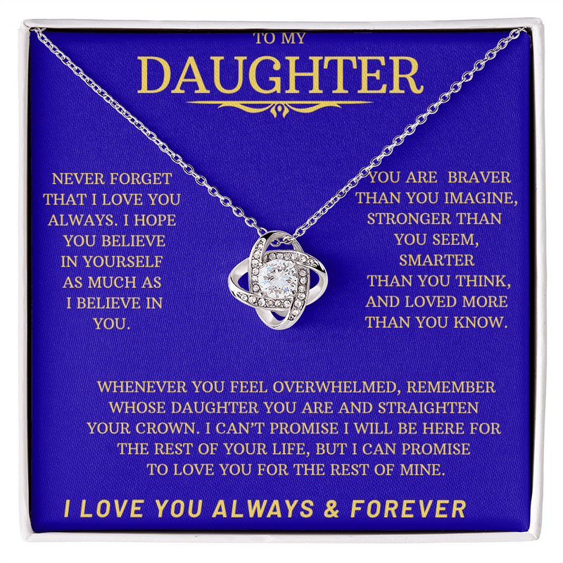 White gold Love Knot Necklace with black message card To my Daughter---I Love You Always & Forever