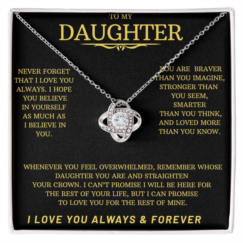 White gold Love Knot Necklace with black message card To my Daughter---I Love You Always & Forever