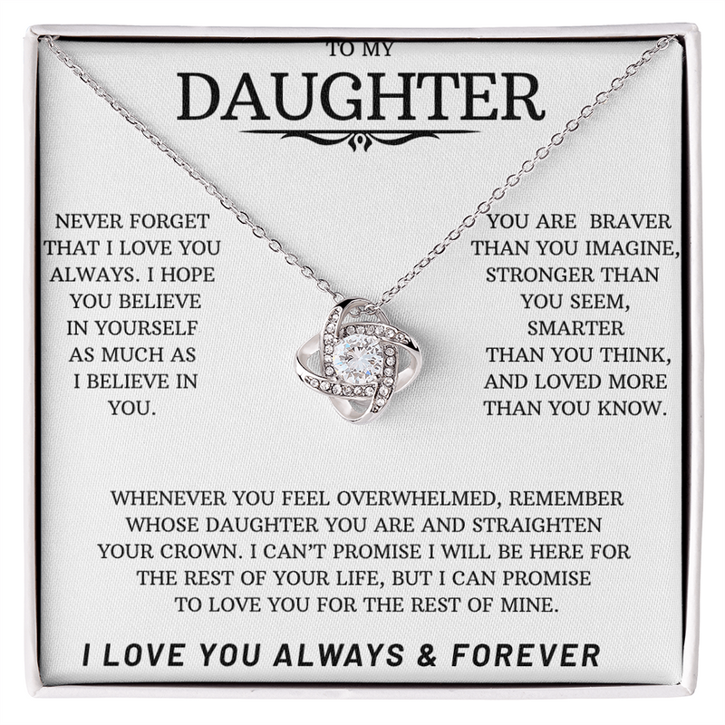 Love knot necklace silver with cubic zirconia and message card with sentiment