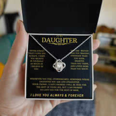 White gold Love Knot Necklace in a paper gift box with black message card To my Daughter---I Love You Always & Forever