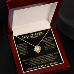 Gold Love Knot Necklace with black message card in Luxury Gift Box To my Daughter---I Love You Always & Forever