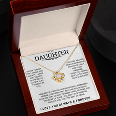 Love knot necklace gold with cubic zirconia and message card with sentiment in a luxury box