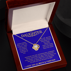 Gold Love Knot Necklace with blue message card in Luxury Gift Box To my Daughter-I Love You Always & Forever